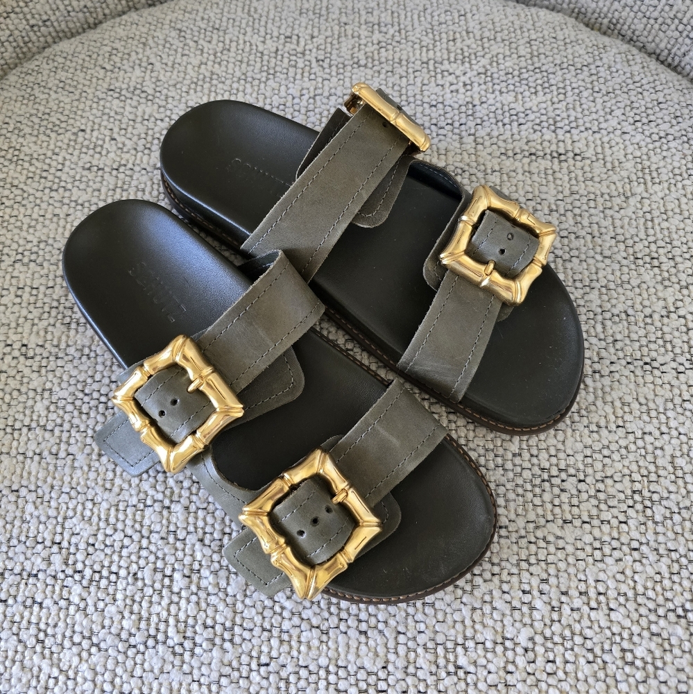 SCHUTZ Enola Sporty Flat Olive And Gold Sandals 8